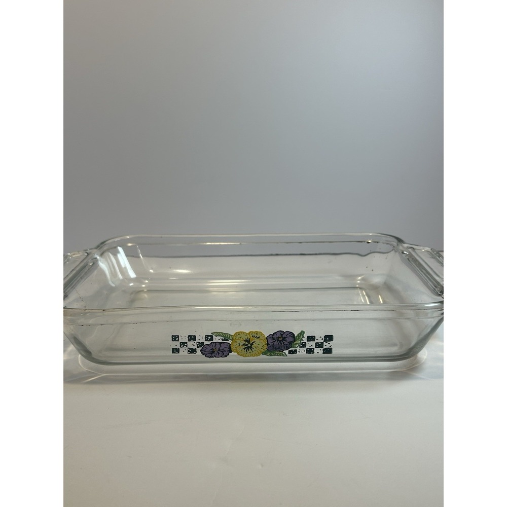 Anchor Hocking 2 QT Brownie Pan Casserole Clear Glass Floral Checkerboard‎ #1031